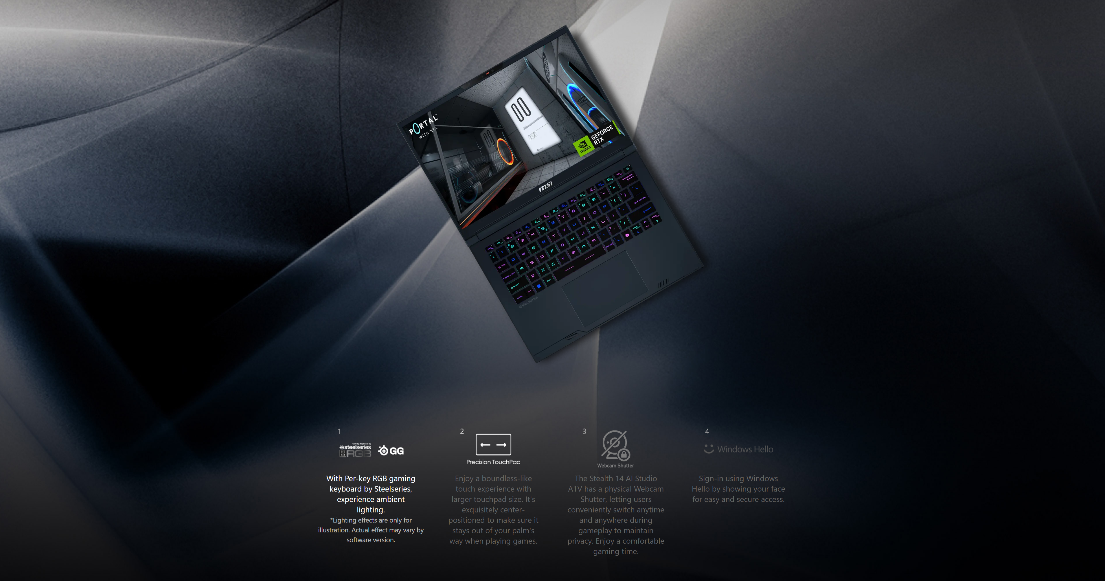 A large marketing image providing additional information about the product MSI Stealth 14 AI Studio (A1V) - 14" 120Hz, Core Ultra 9, RTX 4070, 32GB/2TB - Win 11 Gaming Notebook - Additional alt info not provided